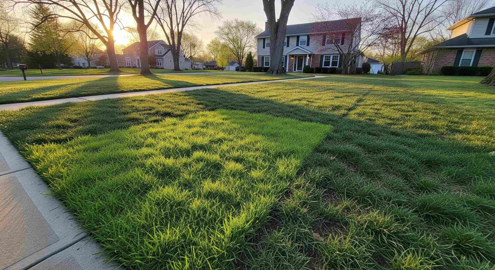 Partially restored late summer lawn showing new grass