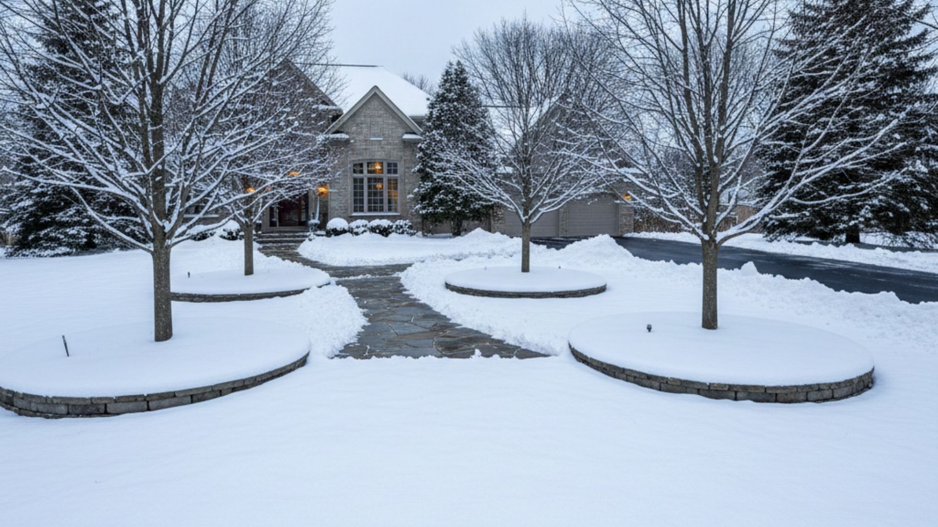 Professionally managed front yard in Northville, Michigan, with snow piles placed away from landscaping and hardscape elements like stone paths and ornamental trees.