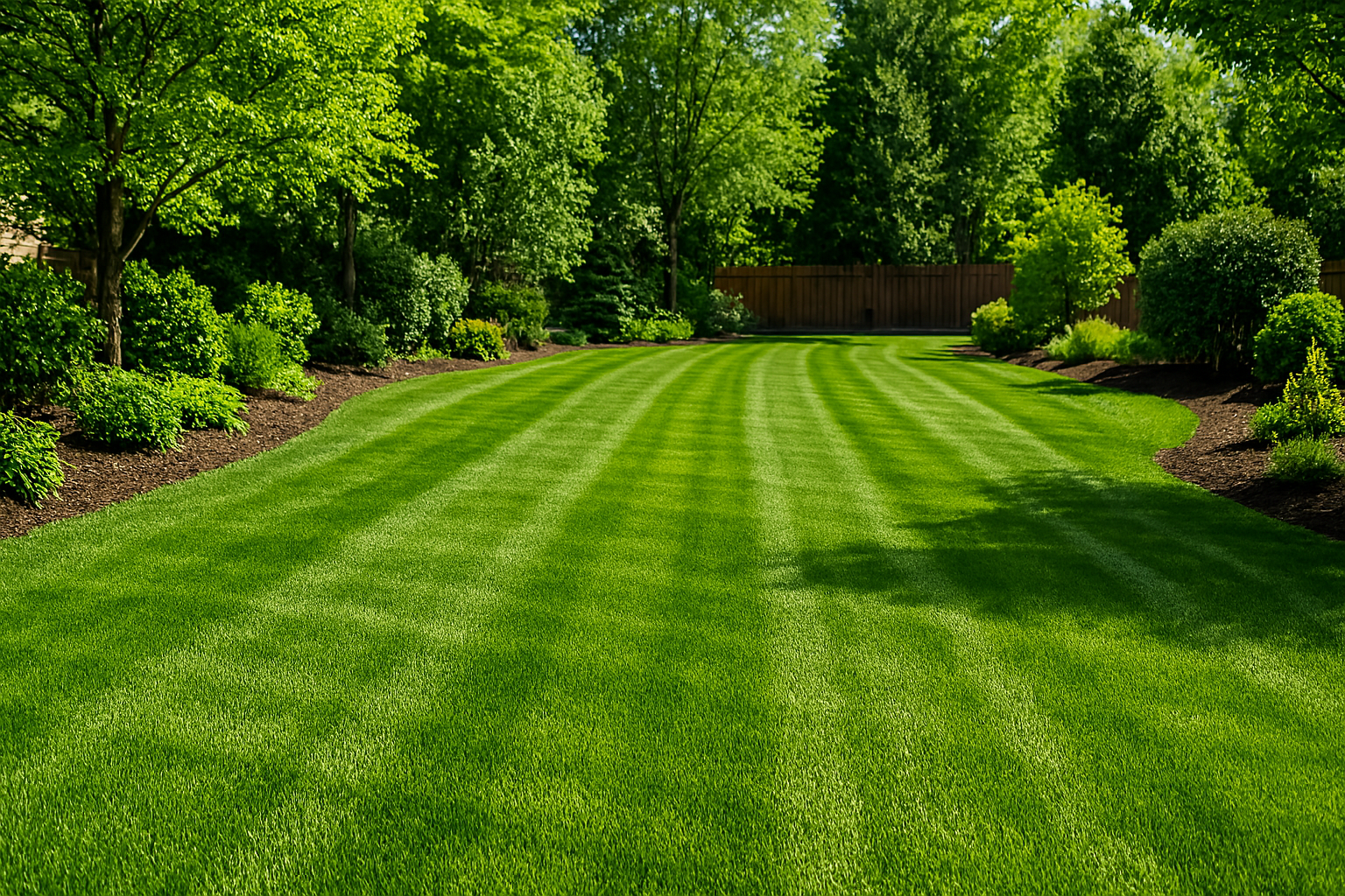 Lush, dense backyard lawn in Plymouth, Michigan in early summer with vibrant green turf.
