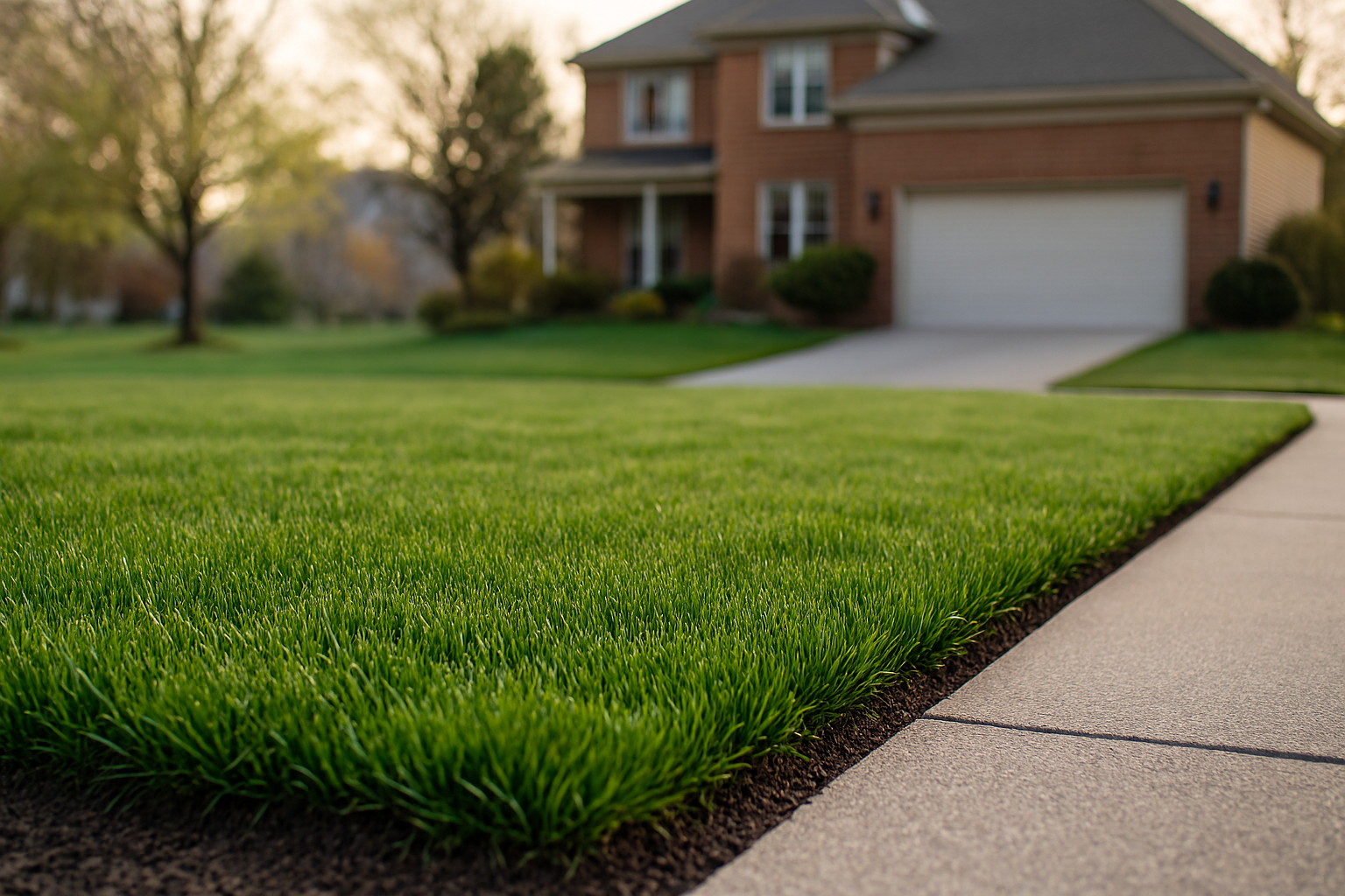 Fresh green early spring lawn in Northville, Michigan with thickening grass and clean edges.