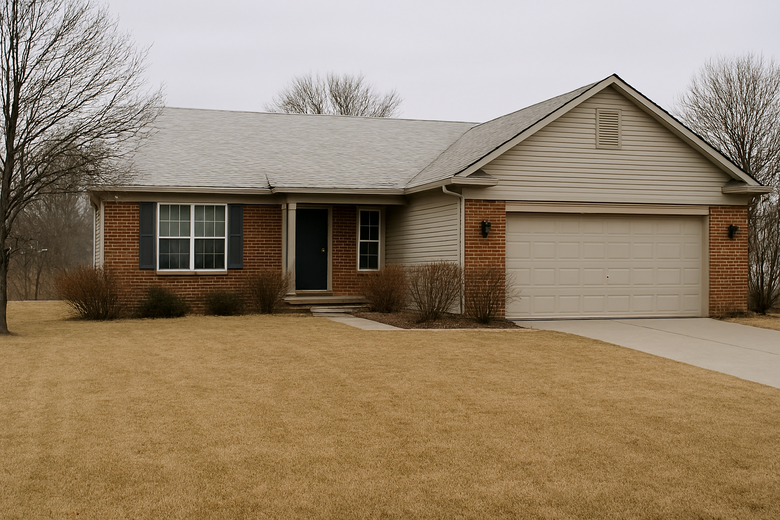 Dormant front yard in Canton, Michigan during late winter.
