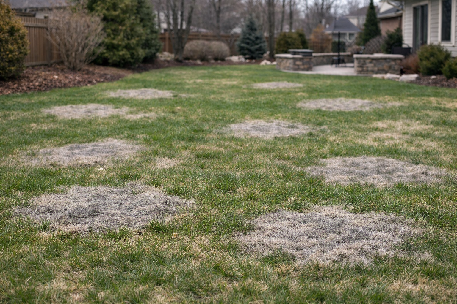 Residential lawn in Plymouth, Michigan showing circular snow mold patches as grass begins to recover in early spring.